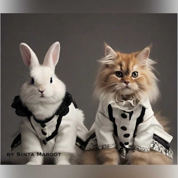 HANDCRAFTED digital art print Elegant Black and White Cat and bunny image NWT - Picture 1 of 10